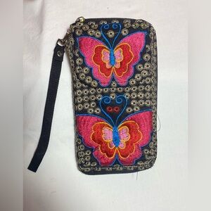 Boho Embroidered Butterfly Wristlet Wallet Zip Around Floral Multi Compartment